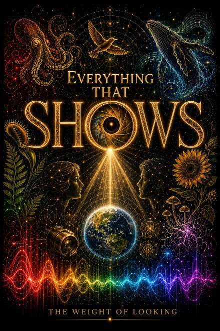 Cover of Everything That Shows by Karl Meves: a camera aperture opening like an eye, with gold light at its centre.